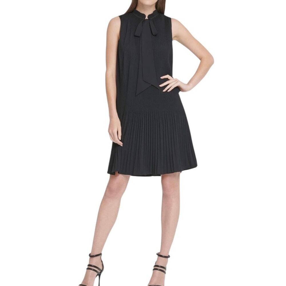 DKNY Dressy Pleated Tie Neck Black Career Office Shift Dress Size 8